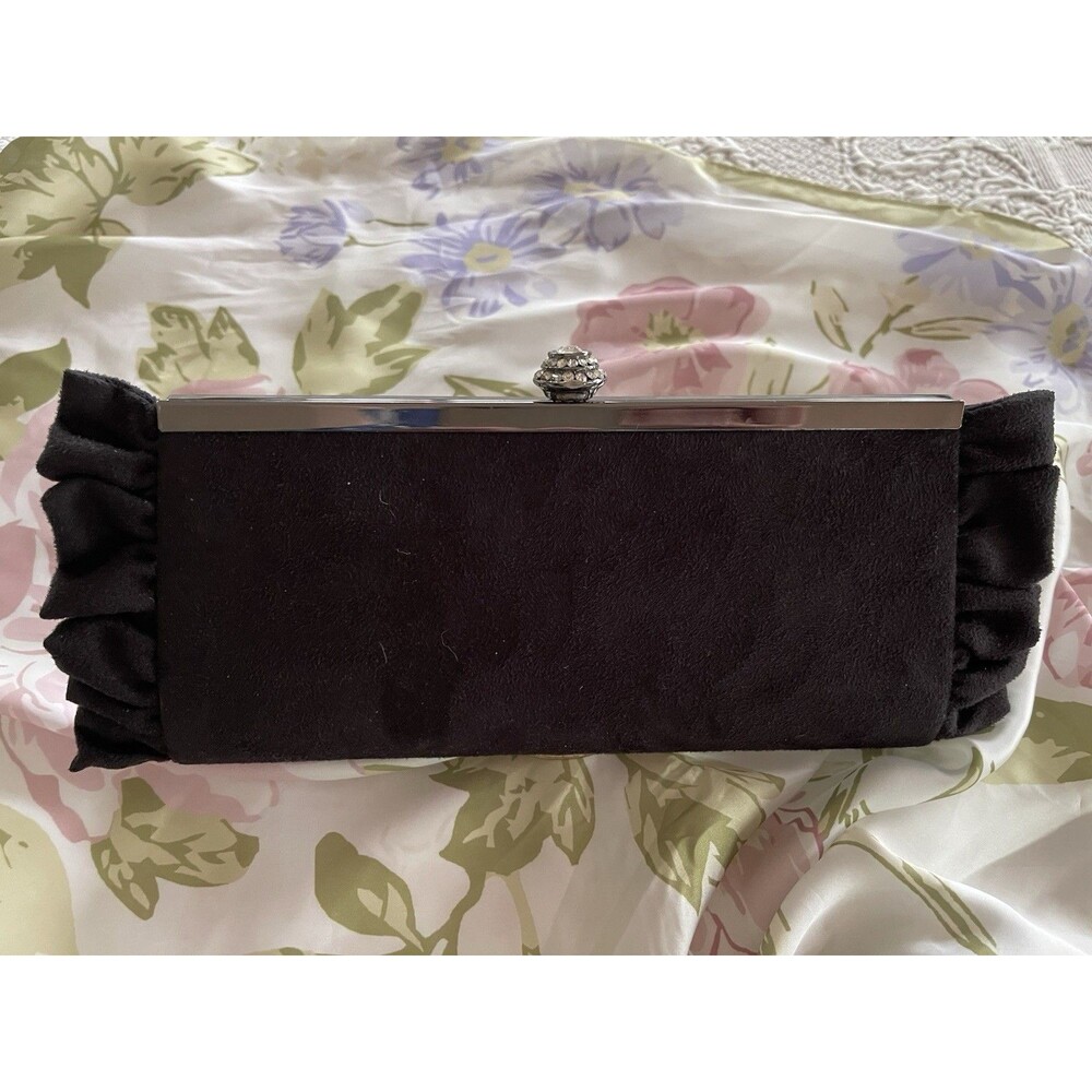 Kate Landry Black Evening Clutch or Crossbody Silver Crystals Lock Formal Ruffle